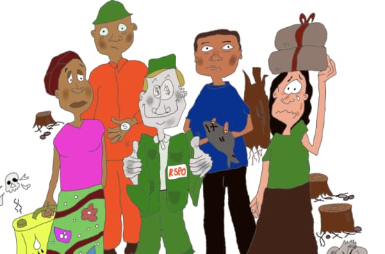 Gambar komik seorang wakil RSPO tersenyum dengan empat orang miskin bermuka sedih