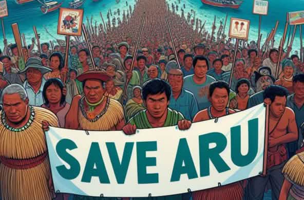 Gambar massa dengan transparen "Save Aru", di latar belakang ada kapal-kapal laut