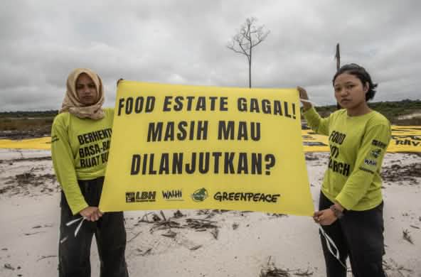 dua perempuan dengan spanduk "Food Estate gagal"