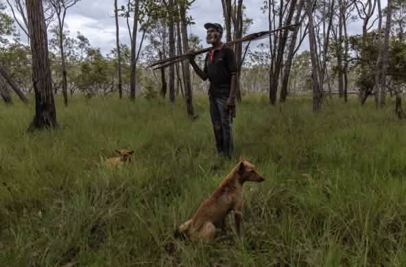 Seorang laki-laki bersama anjingnya di hutan