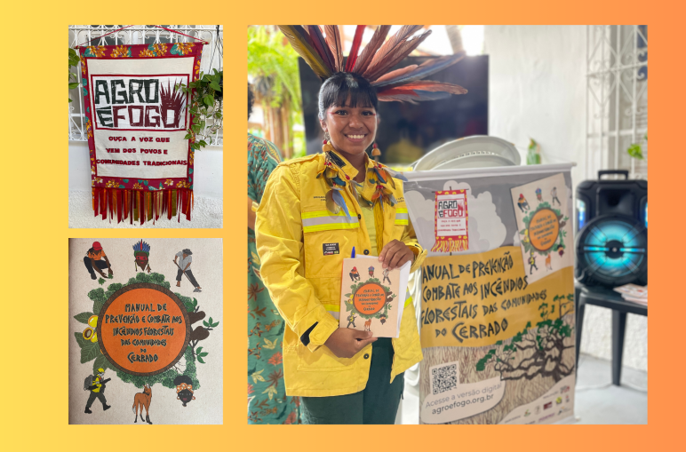 Seorang masyarakat adat perempuan dengan mahkota berbulu burung dan jaket pengaman berwarna kuning mempresentasikan buku petunjuk penanggulangan kebakaran dari  Agro é Fogo