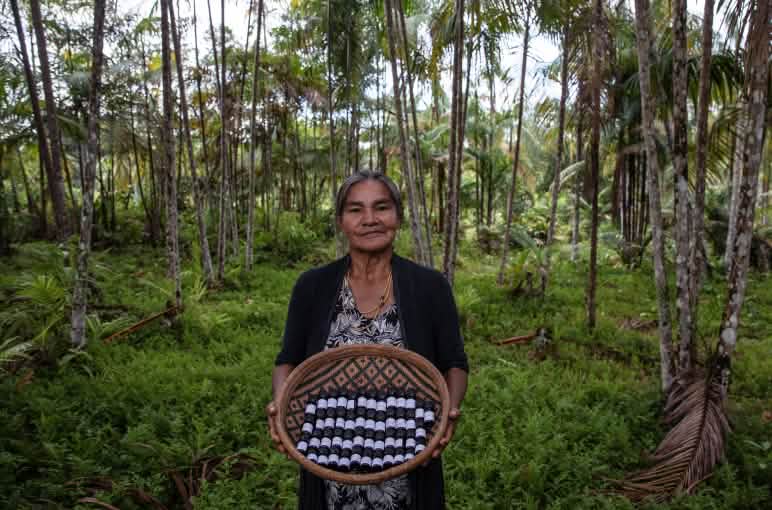 Seorang perempuan masyarakat adat yang berada di dalam hutan hujan sedang mempertunjukkan sebuah keranjang yang penuh dengan botol-botol kecil berisikan minyak eteris