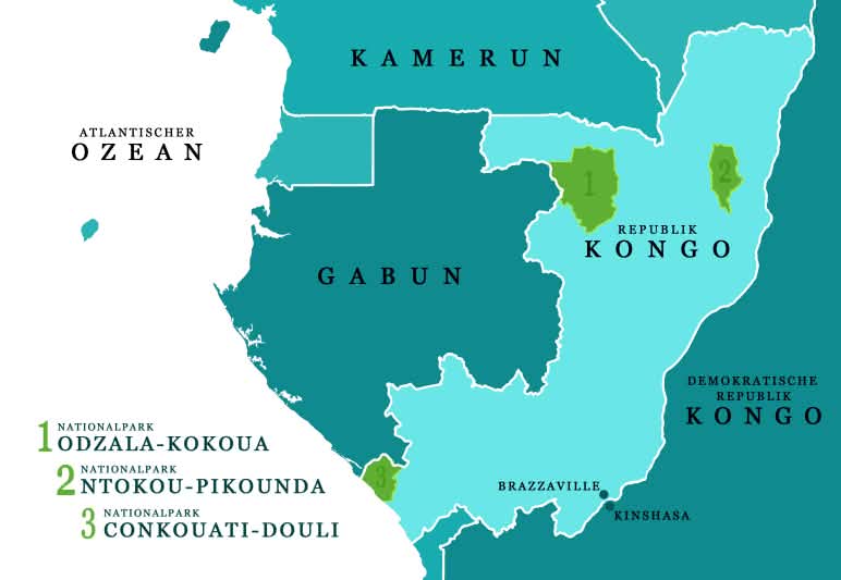 Peta negara Republik Kongo dan negara-negara tetangga dimana tiga Taman Nasional tertera di sana.