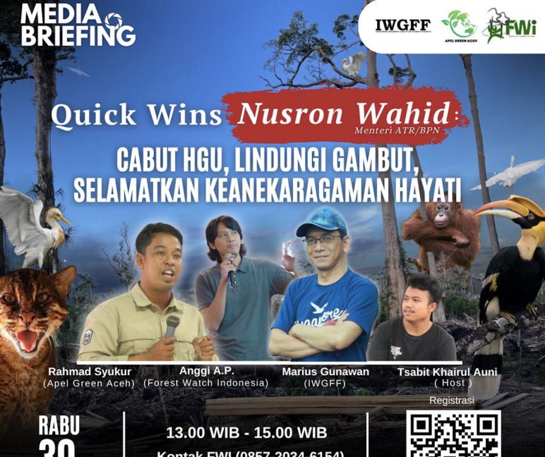 Cabut HGU, lindungi gambut, selamatkan keanekaragam hayati Plakat media brief rawa gambut Tripa