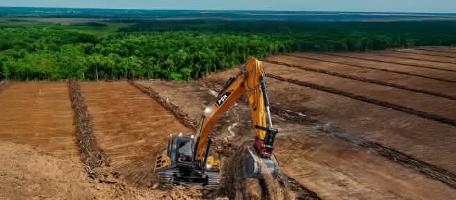 ekskavator dengan tulisan PSN diatas lahan gundul, di belakang ada hutan hujan yang terancam