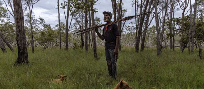 Seorang laki-laki bersama anjingnya di hutan