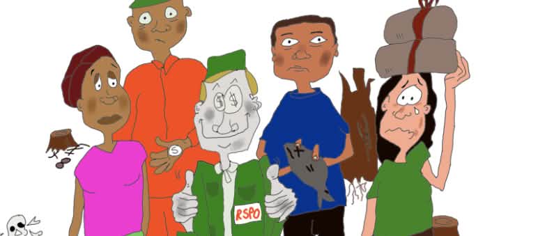 Materi informasi dan pendidikan membantu para buruh dan masyarakat untuk lebih memahami RSPO. Gambar komik seorang wakil RSPO tersenyum dengan empat orang miskin bermuka sedih
