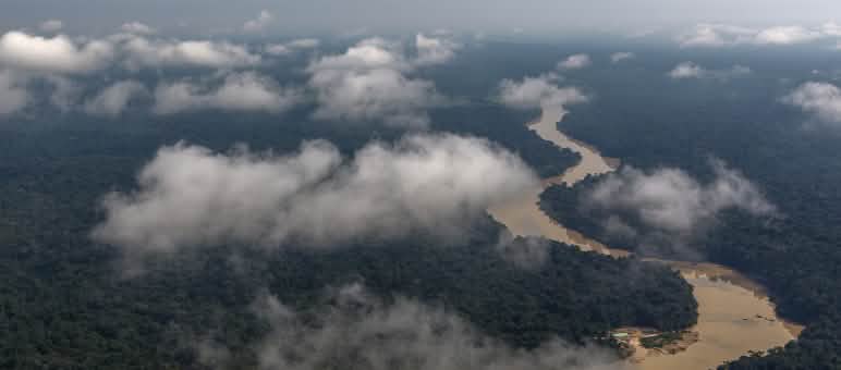 Dengan adanya UU baru maka seluruh perlindungan lingkungan dan manusia di wilayah Amazon menjadi rapuh Foto dari udara: Sungai berkelok-kelok merayap di hutan hujan yang ditutupi awan