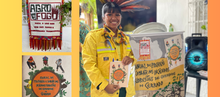 Seorang masyarakat adat perempuan dengan mahkota berbulu burung dan jaket pengaman berwarna kuning mempresentasikan buku petunjuk penanggulangan kebakaran dari  Agro é Fogo