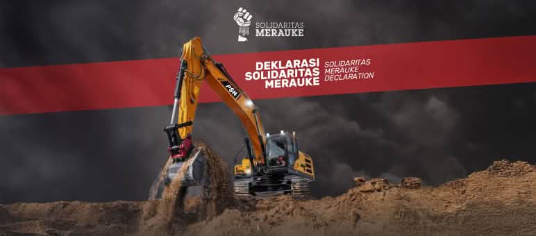 Halaman pertama "Deklarasi Solidaritas Merauke" dengan foto ekskavator
