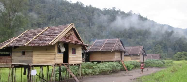 rumah-rumah masyarakat adat Tau Taa Wana dan seorang anak di jalan