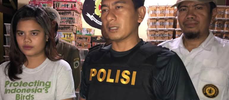 Seorang perempuan muda dengan t-shirt dari FLIGHT dan seorang polisi di ruang penyimpanan penuh dengan kardus berisi burung