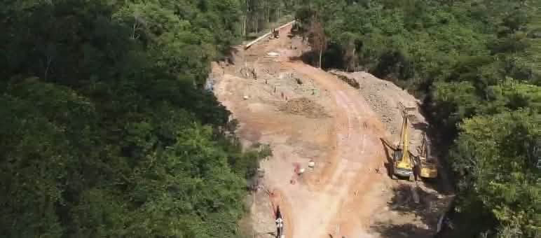 Foto pembangunan saluran pipa bauksit di hutan hujan dengan eskavator yang mengaduk-aduk tanah dan meletakkan pipa