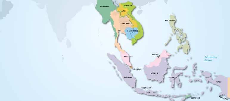 Di 11 negara di Asia Tenggara tumbuh hutan hujan tropis: Brunei, Indonesia, Kamboja, Laos, Malaysia, Myanmar, Timor Leste, Filipina, Singapura, Thailand dan Vietnam peta Asia Tenggara