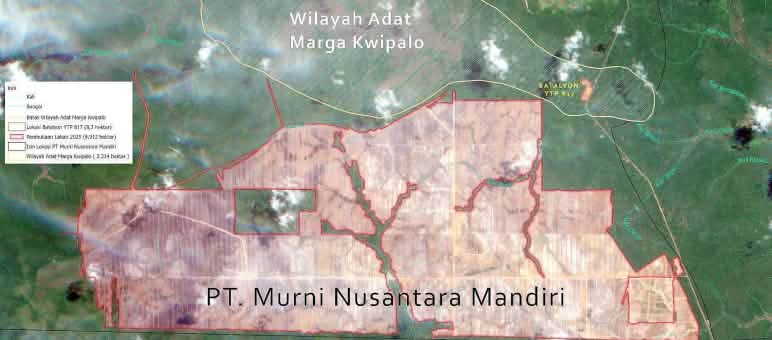 Peta pembukaan hutan untuk perkebunan tebu PT MNM dan tanah adat marga Kwipalo