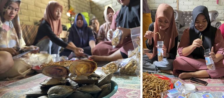 Kolase: Perempuan Tompira mengolah kerang untuk dijadikan snacks dan membungkusnya untuk penjualan lokal