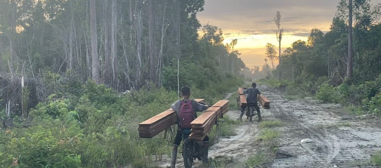 dua laki-laki membawa kayu dengan motor
