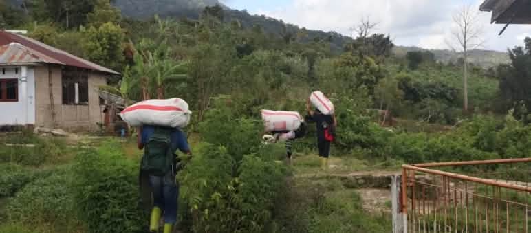 Tiga warga menanjak bukit sambil memikul karung berisi beras