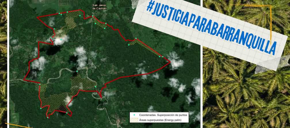 Pada sebuah foto satelit, tampak tanda tumpang tindih wilayah dan juga tertulis “Keadilan untuk Barranquilla"