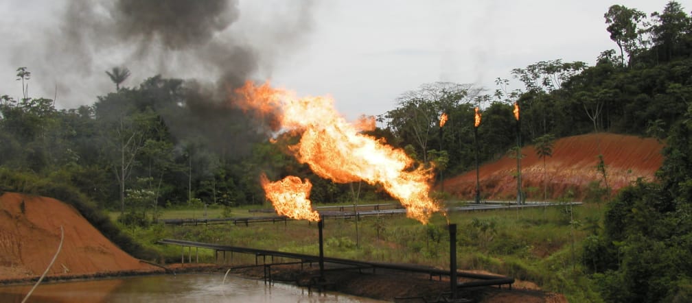 Asap dan api yang berasal dari semburan gas di sebuah lahan hutan hujan yang sudah ditebang