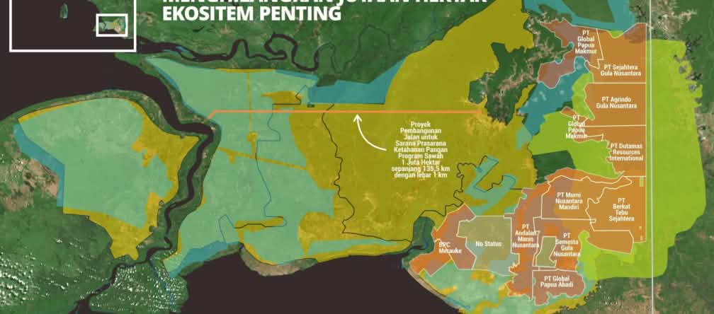 Map kabupaten Merauke dengan konsesi tebu dan padi
