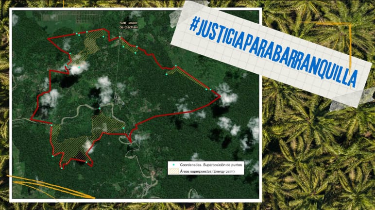 Pada sebuah foto satelit, tampak tanda tumpang tindih wilayah dan juga tertulis “Keadilan untuk Barranquilla"