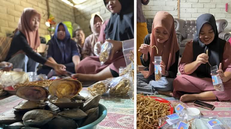 Perempuan Tompira mengolah kerang untuk dijadikan snacks dan membungkusnya untuk penjualan lokal Kolase: Perempuan Tompira mengolah kerang untuk dijadikan snacks dan membungkusnya untuk penjualan lokal