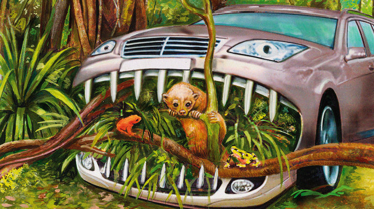 Politik biofuel menyebabkan kebakaran hutan di Indonesia berlanjut dan merugikan manusia dan orang utan yang terancam punah mobil makan hutan